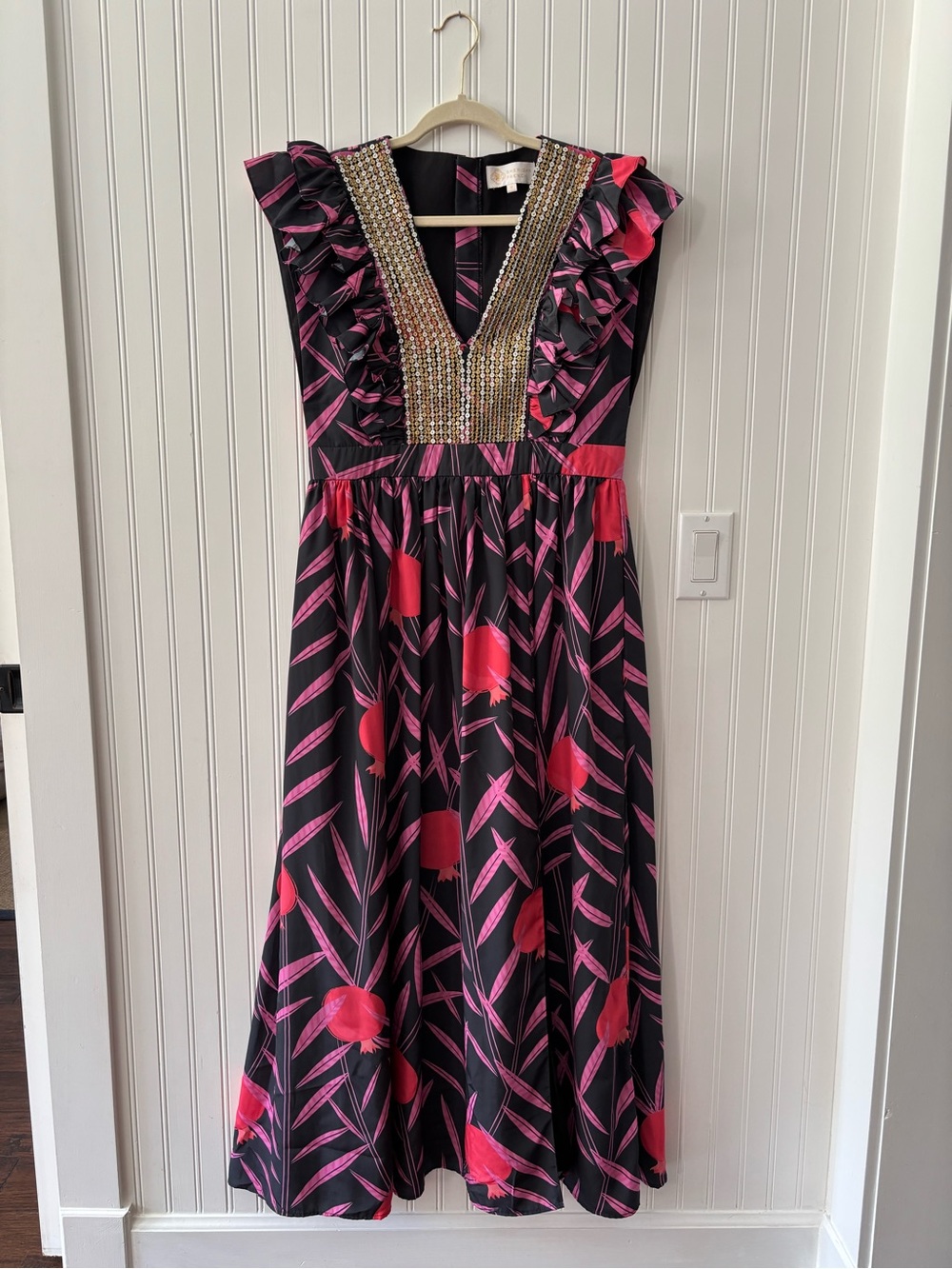 SHERIDAN FRENCH Embellished V-Neck Black and Pink Maxi Dress